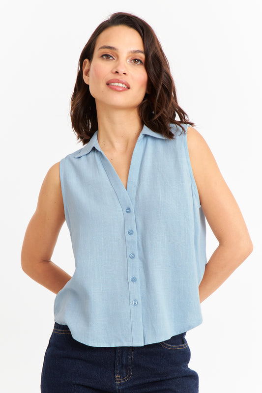 Camisa Sin Mangas Tipo Lino Celeste
