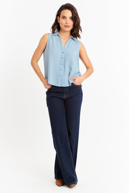 Camisa Sin Mangas Tipo Lino Celeste