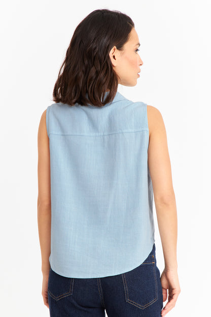 Camisa Sin Mangas Tipo Lino Celeste