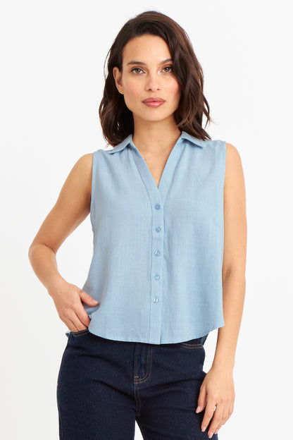 Camisa Sin Mangas Tipo Lino Celeste