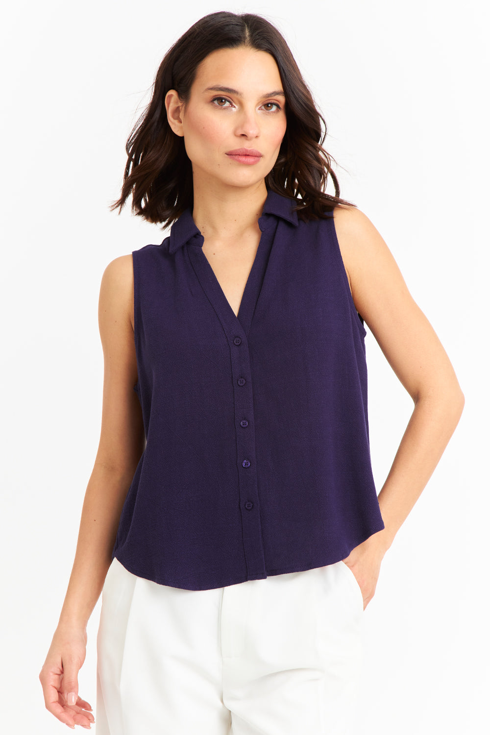 Camisa Sin Mangas Tipo Lino Azul Marino