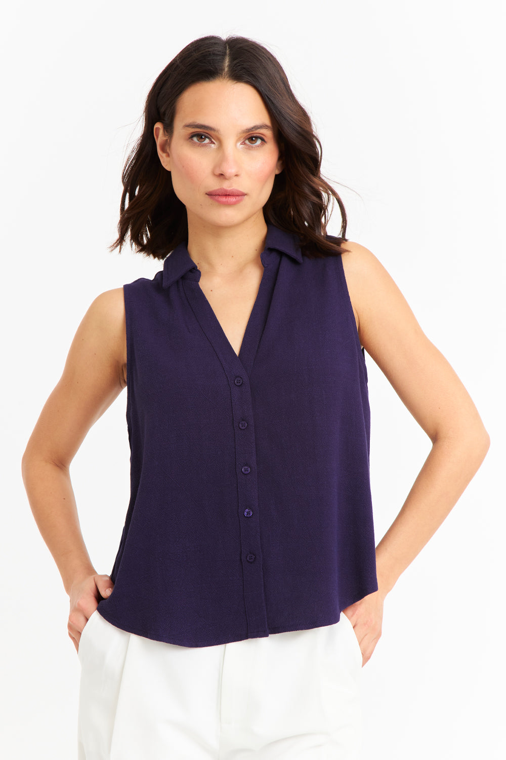 Camisa Sin Mangas Tipo Lino Azul Marino