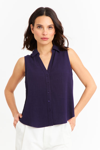 Camisa Sin Mangas Tipo Lino Azul Marino