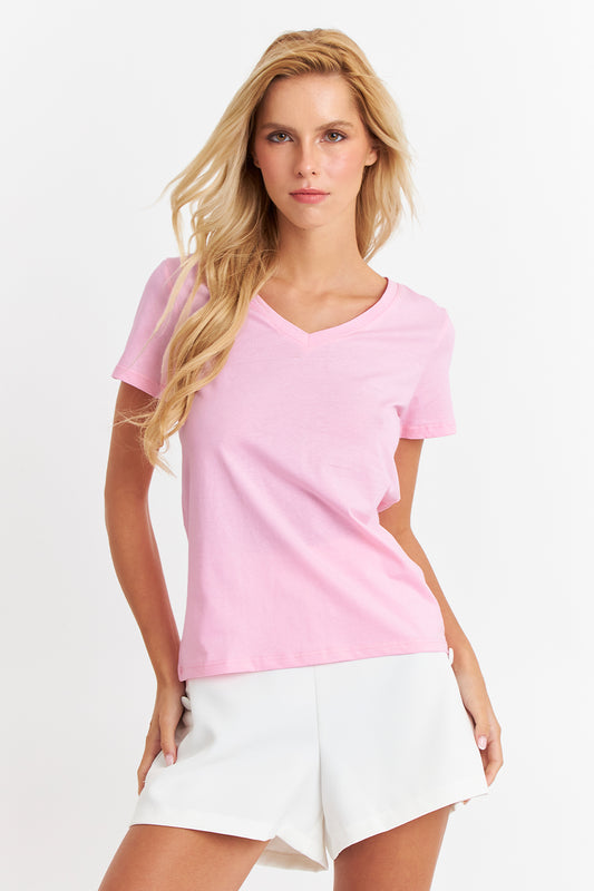 Polera Escote en V Básica Rosado