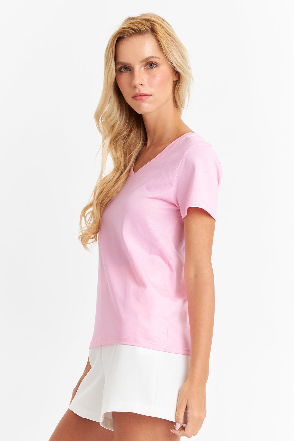 Polera Escote en V Básica Rosado