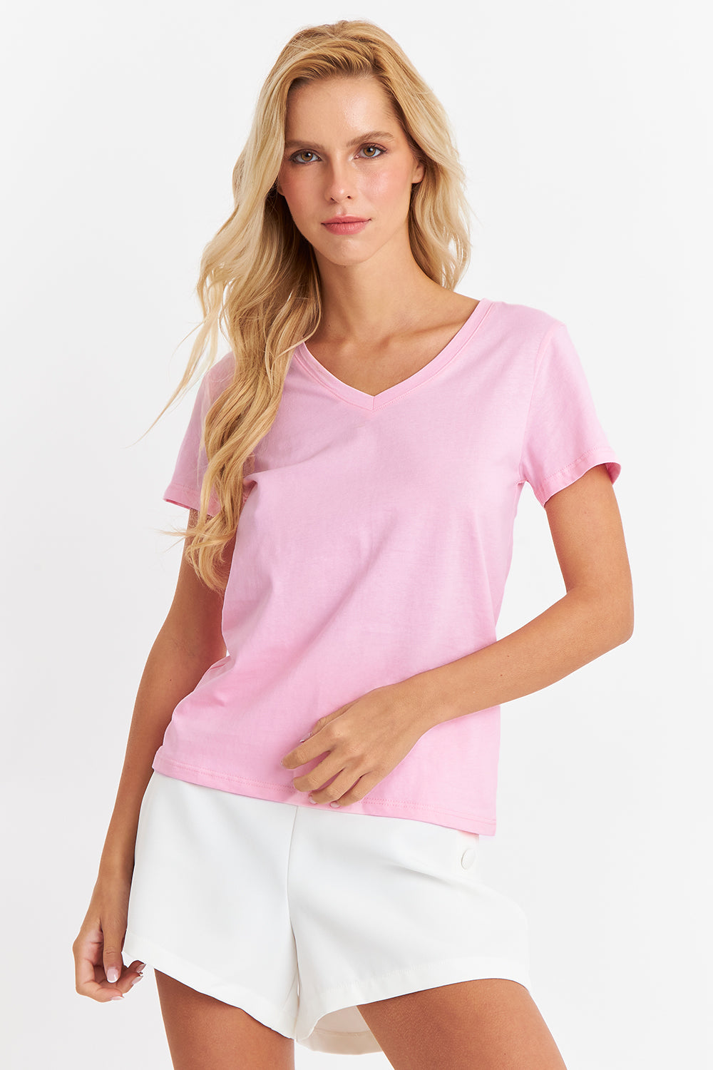 Polera Escote en V Básica Rosado