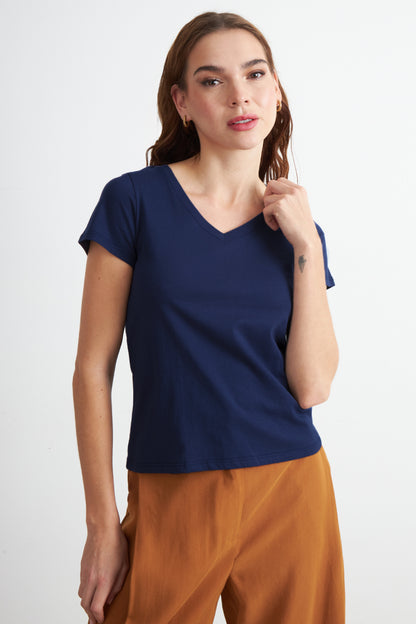 Polera Escote en V Básica Azul Marino