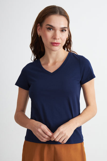 Polera Escote en V Básica Azul Marino