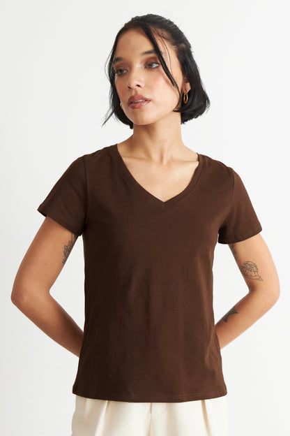 Polera Escote en V Básica Café