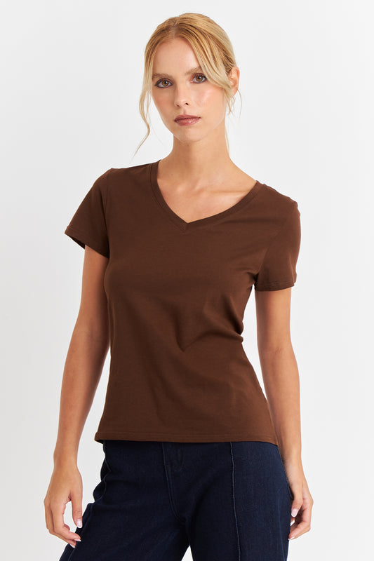 Polera Escote en V Básica Café