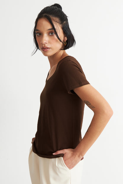 Polera Escote en V Básica Café