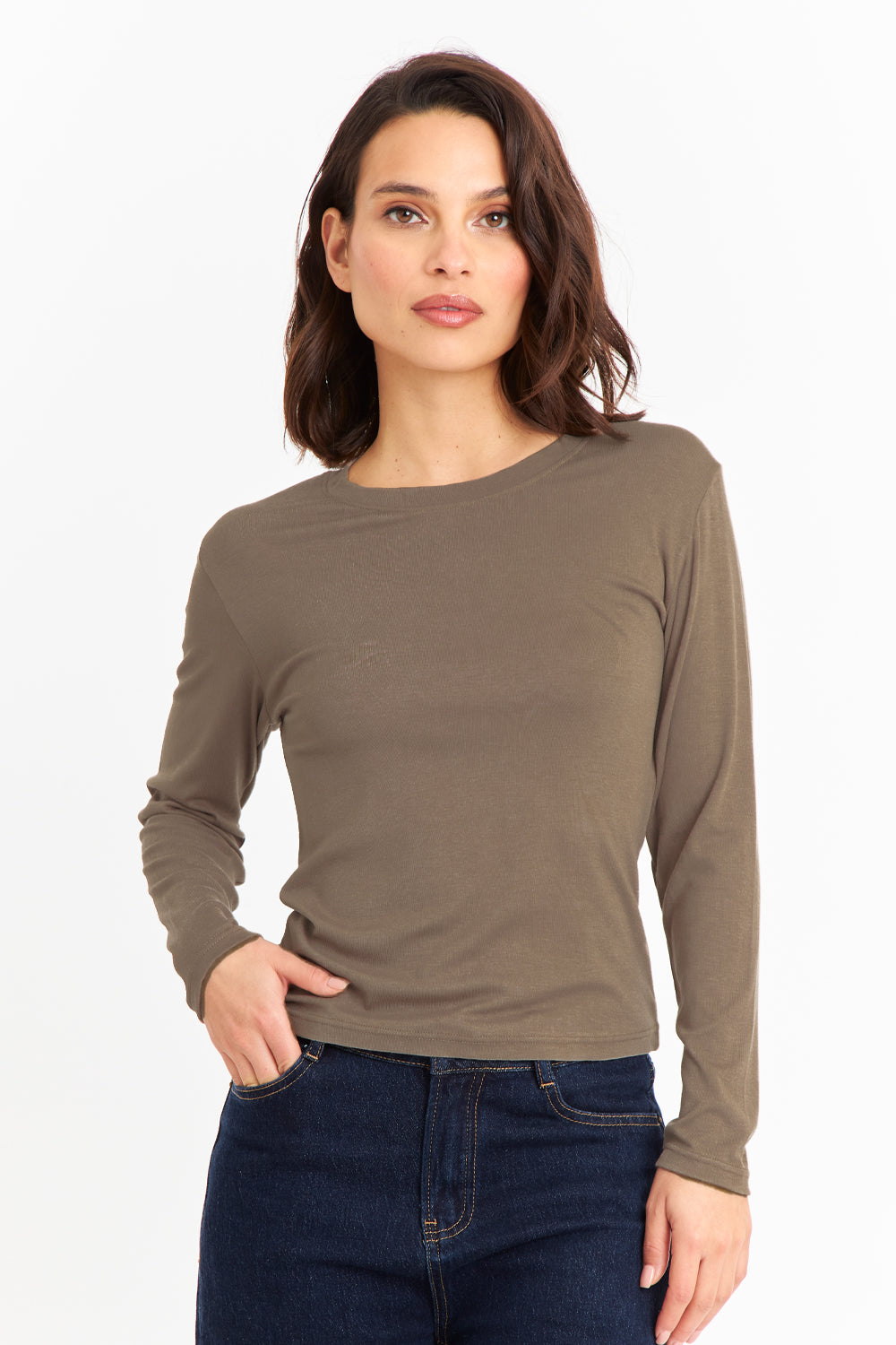 Polera Manga Larga Cuello Redondo Khaki