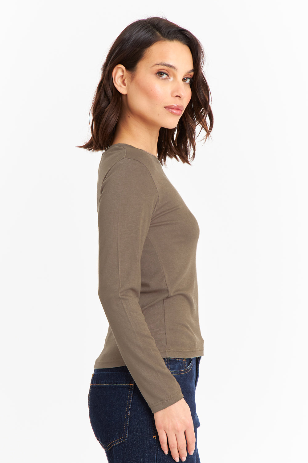 Polera Manga Larga Cuello Redondo Khaki