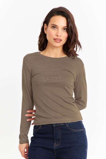 Polera Manga Larga Cuello Redondo Khaki