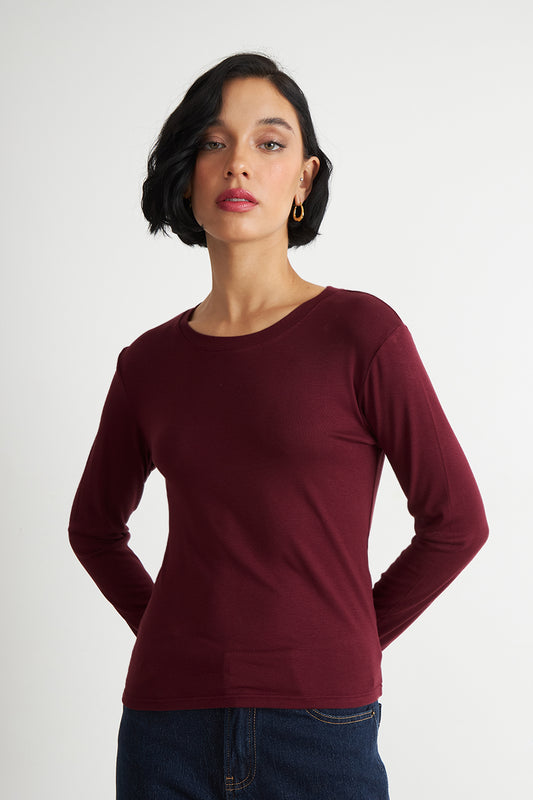 Polera Manga Larga Cuello Redondo Burdeo