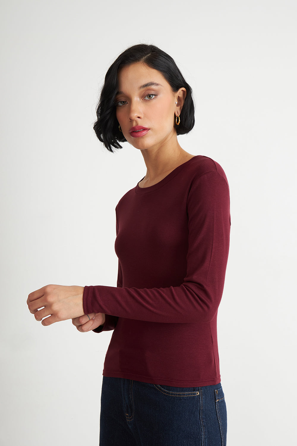 Polera Manga Larga Cuello Redondo Burdeo