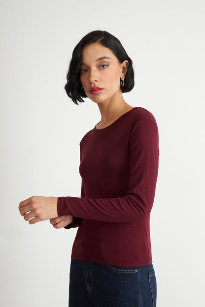 Polera Manga Larga Cuello Redondo Burdeo