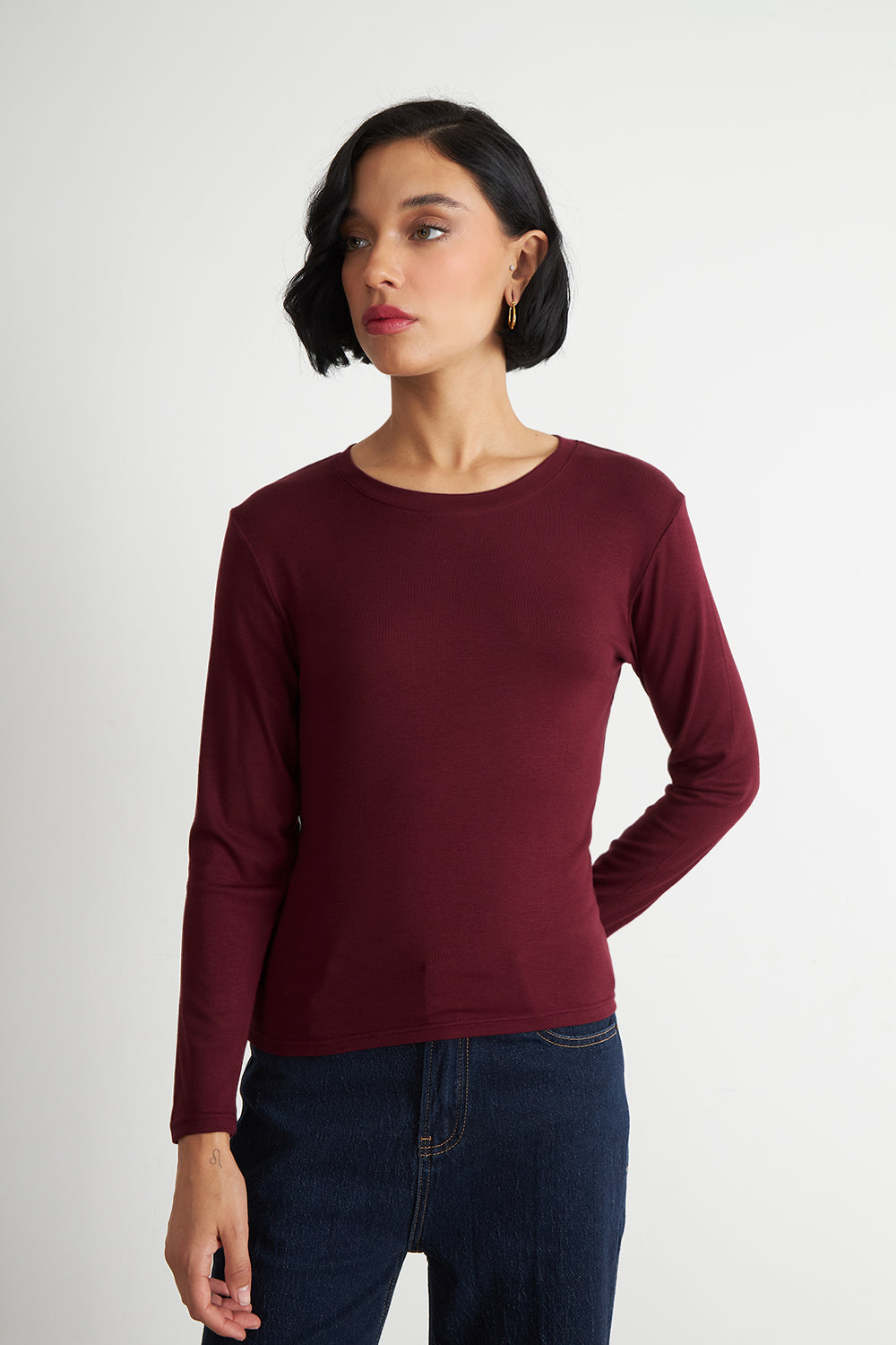 Polera Manga Larga Cuello Redondo Burdeo