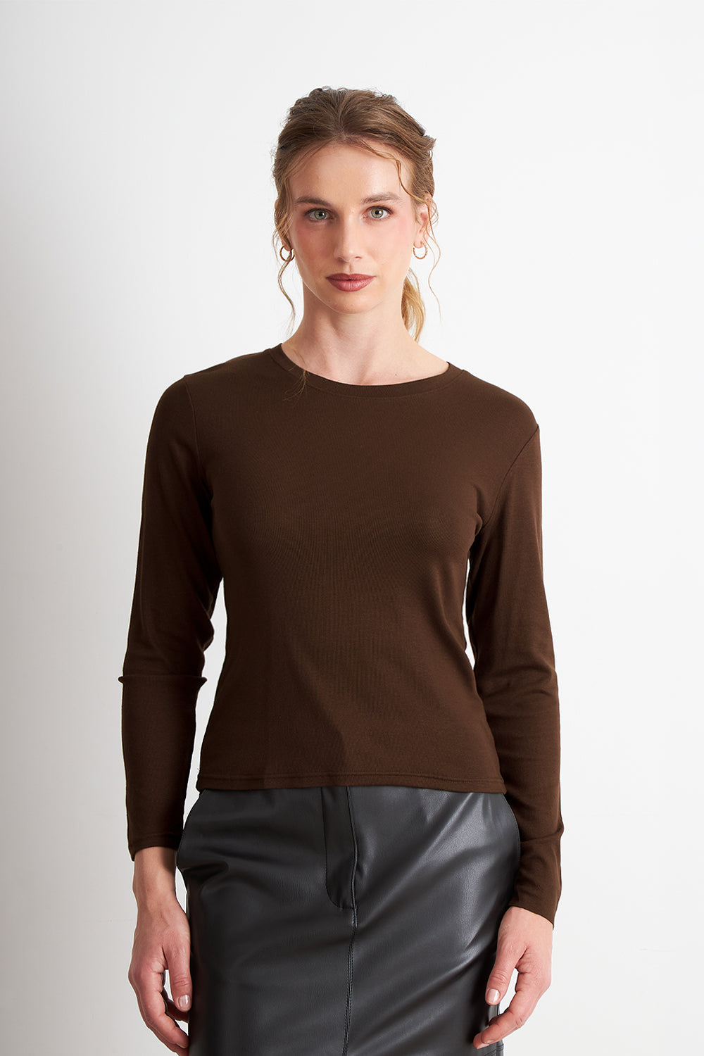 Polera Manga Larga Cuello Redondo Café