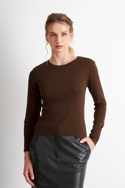 Polera Manga Larga Cuello Redondo Café