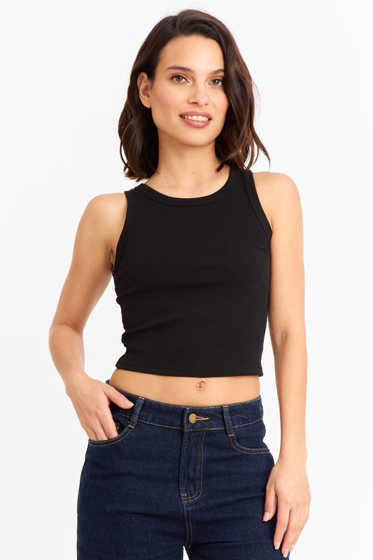 Top Sin Mangas Acanalado Negro