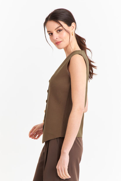 Gilet Largo con Botones Café