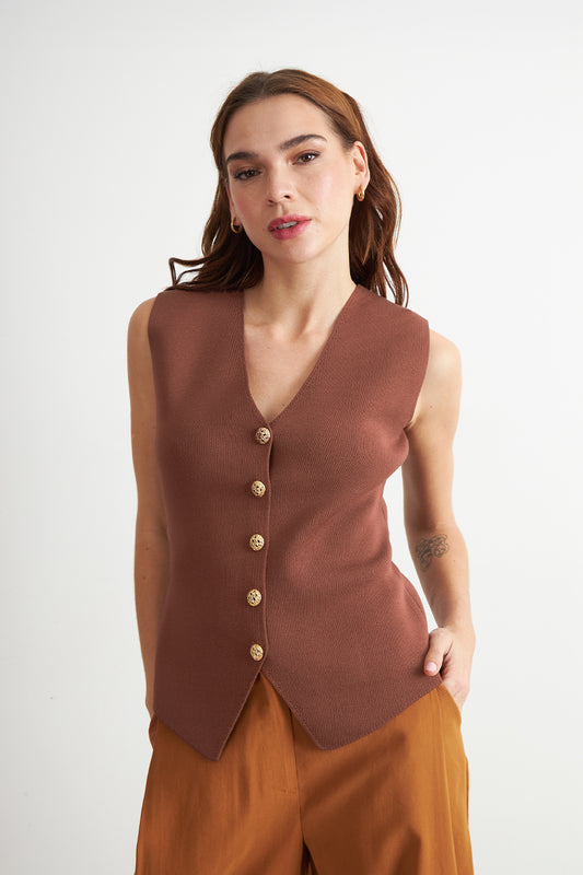 Gilet Largo con Botones Marrón
