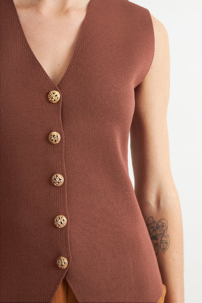 Gilet Largo con Botones Marrón