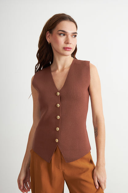 Gilet Largo con Botones Marrón
