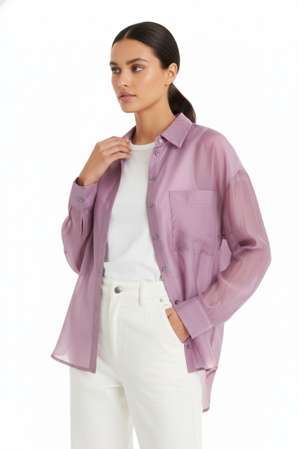 Camisa Satinada Transparente Malva