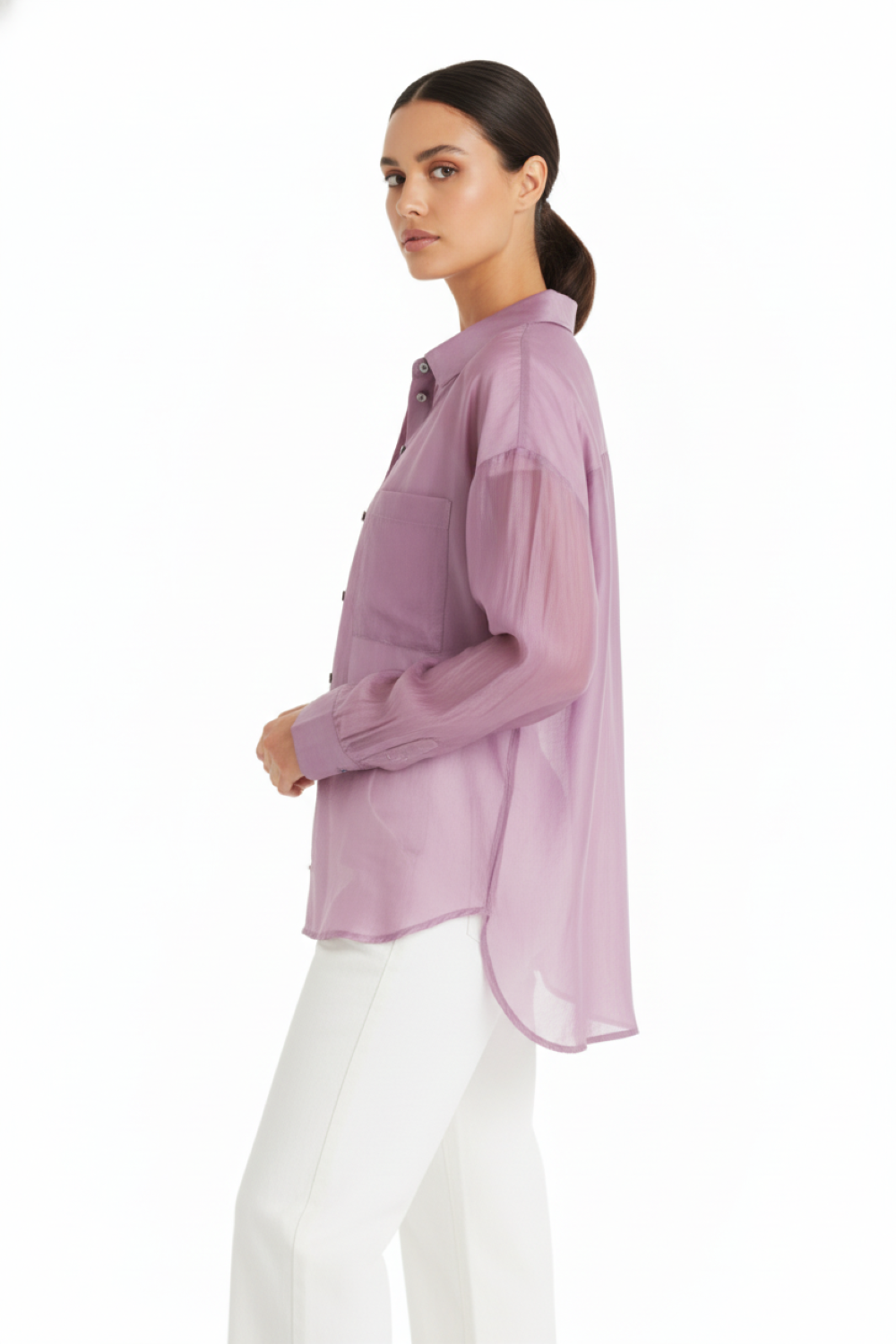 Camisa Satinada Transparente Malva