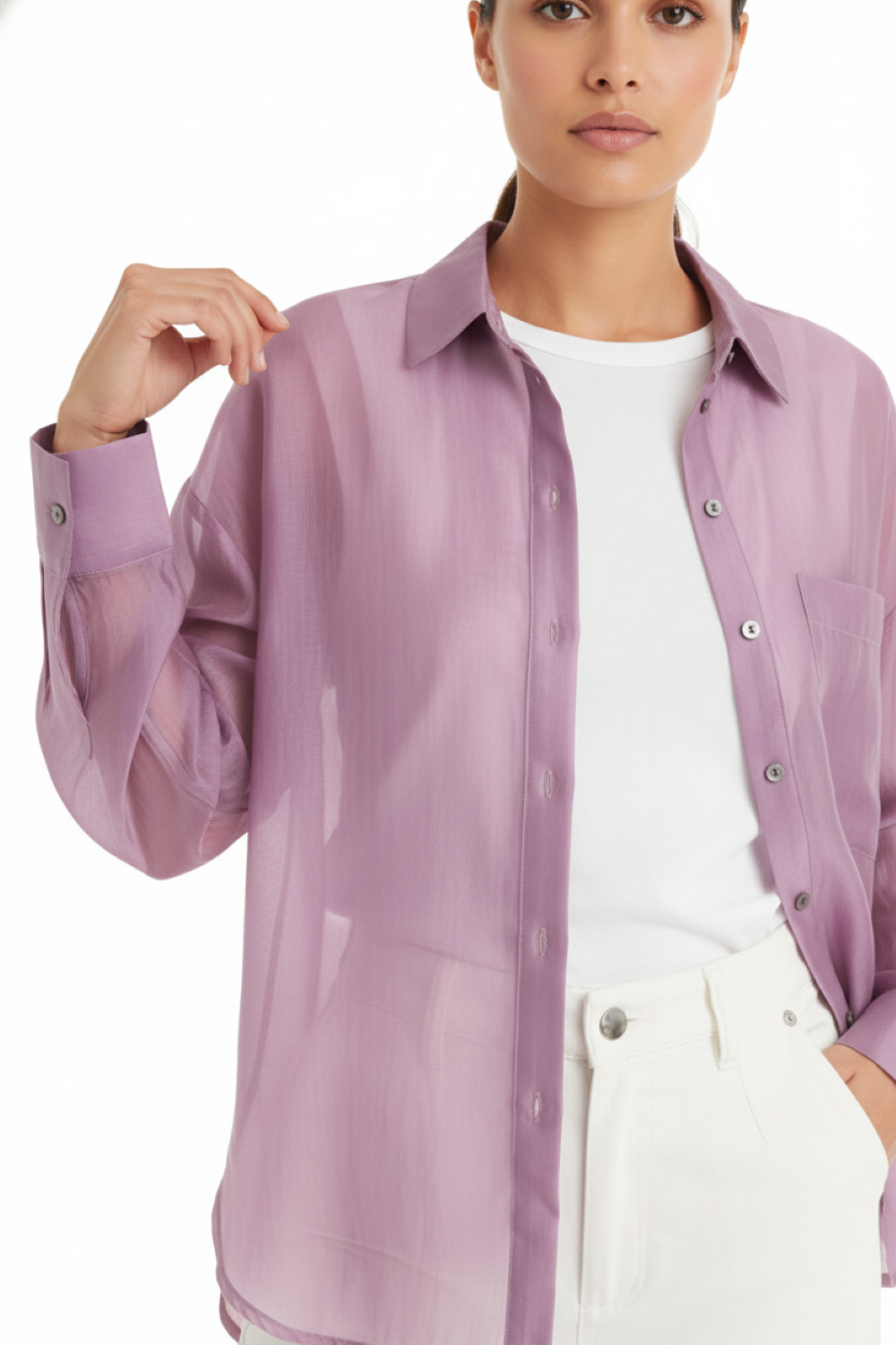 Camisa Satinada Transparente Malva
