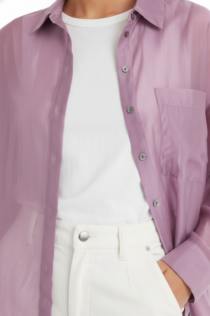 Camisa Satinada Transparente Malva