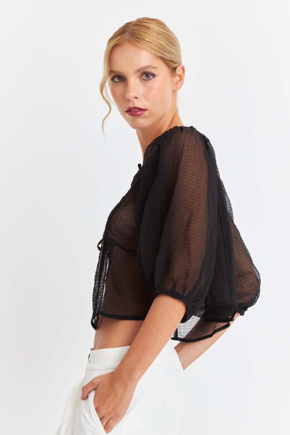 Blusa Transparente Manga Globo Negro