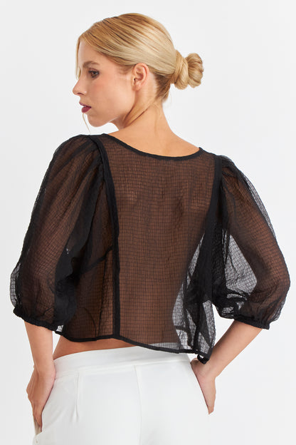 Blusa Transparente Manga Globo Negro