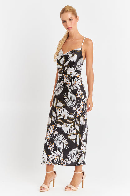 Vestido Tipo Satín Floreado Negro