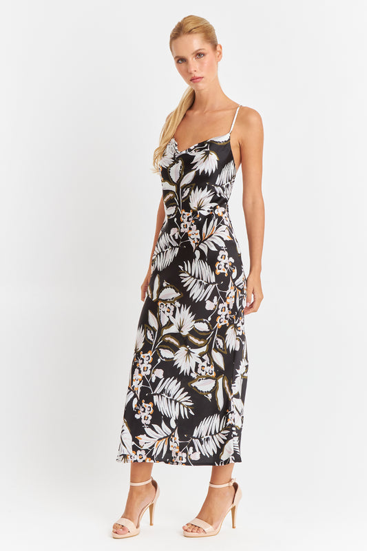 Vestido Tipo Satín Floreado Negro