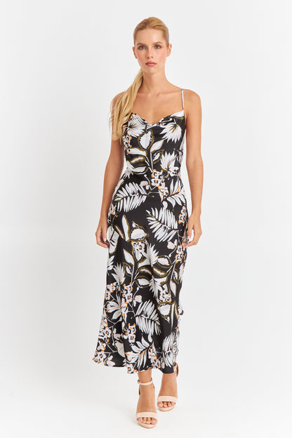 Vestido Tipo Satín Floreado Negro