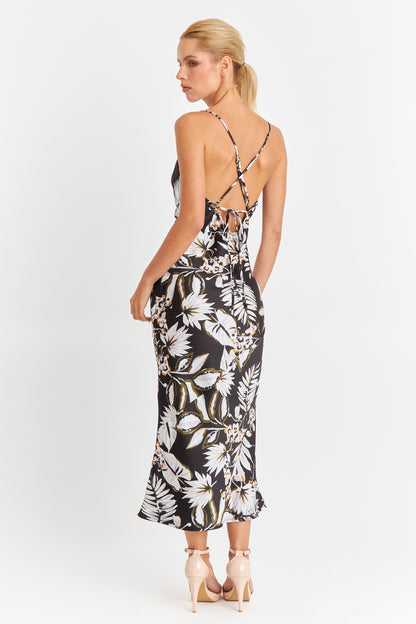 Vestido Tipo Satín Floreado Negro