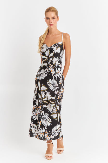 Vestido Tipo Satín Floreado Negro