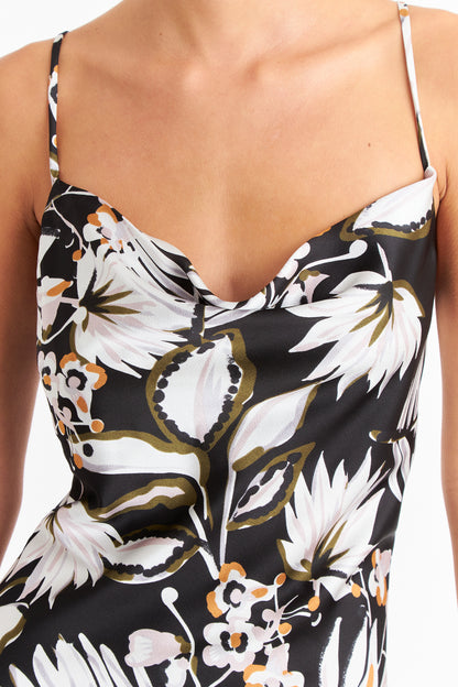 Vestido Tipo Satín Floreado Negro