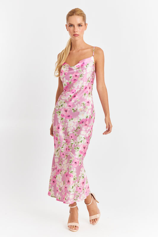 Vestido Tipo Satín Floreado Rosado