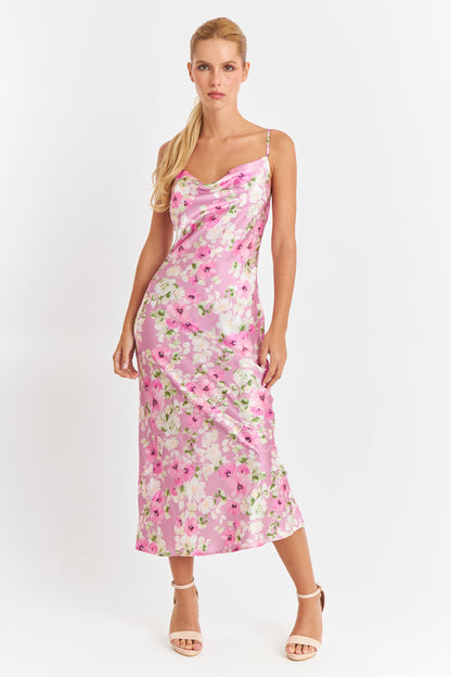 Vestido Tipo Satín Floreado Rosado