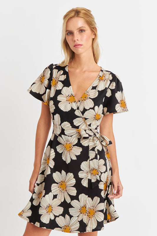 Vestido Escote Cruzado Flores Negras