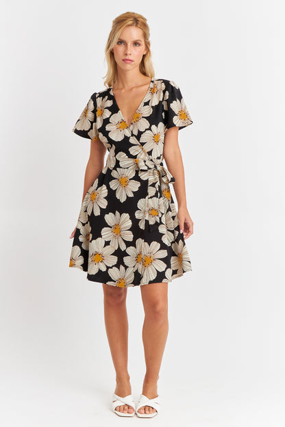 Vestido Escote Cruzado Flores Negras