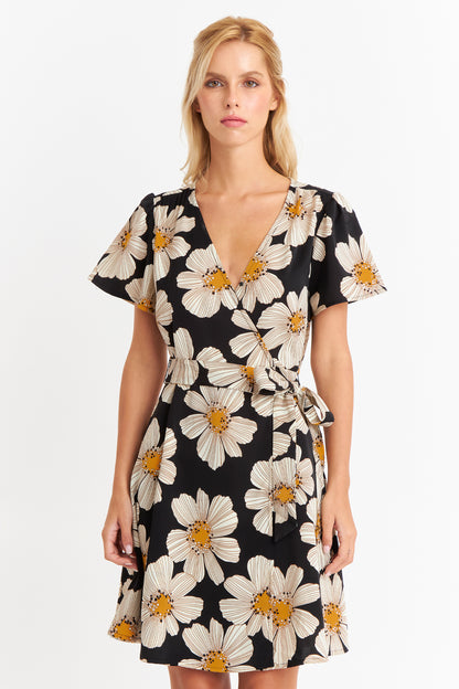 Vestido Escote Cruzado Flores Negras