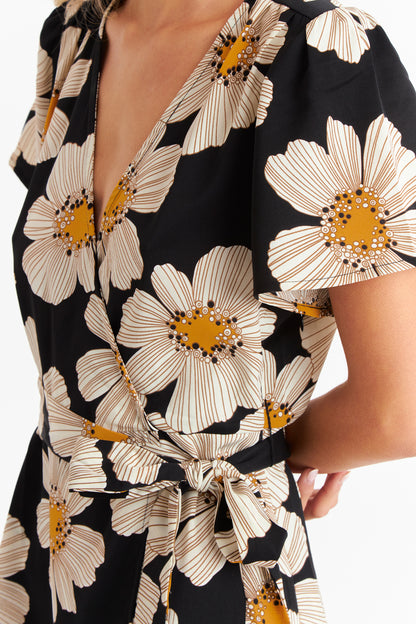 Vestido Escote Cruzado Flores Negras