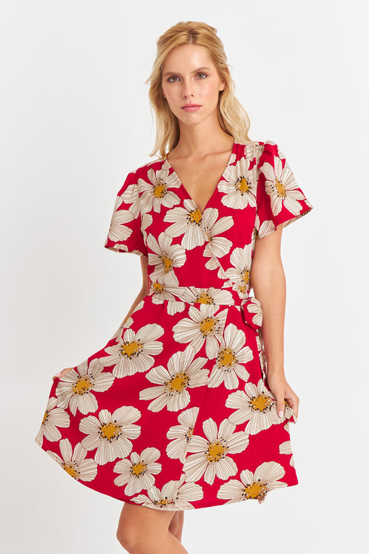 Vestido Escote Cruzado Flores Rojas Nicoply