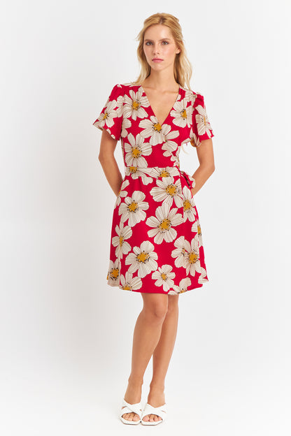 Vestido Escote Cruzado Flores Rojas Nicoply