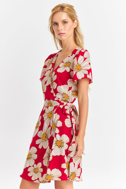 Vestido Escote Cruzado Flores Rojas Nicoply